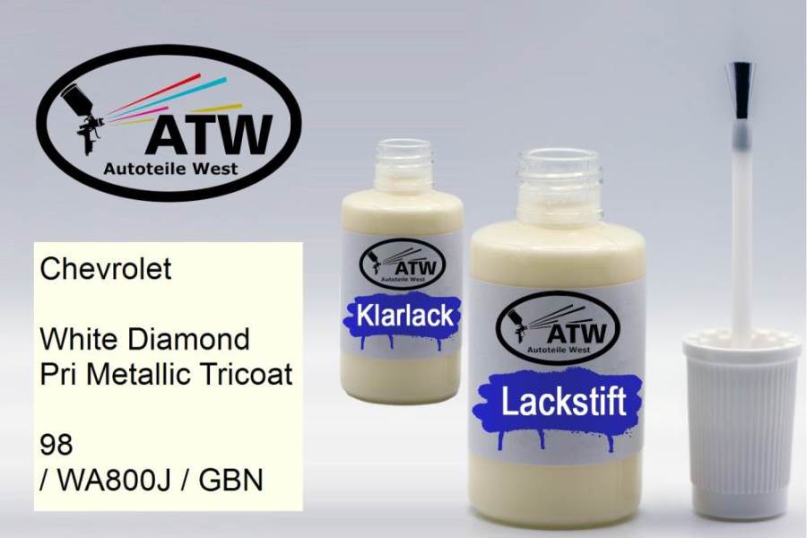 Chevrolet, White Diamond Pri Metallic Tricoat, 98 / WA800J / GBN: 20ml Lackstift + 20ml Klarlack - Set, von ATW Autoteile West.